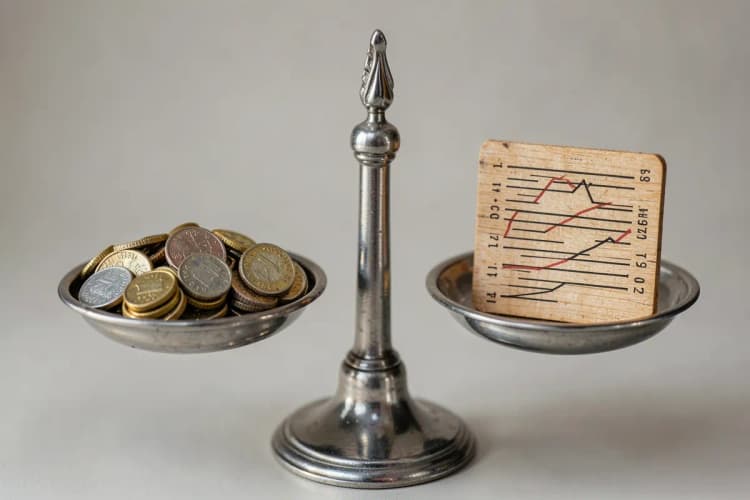 Uma balança com moedas de um lado e um gráfico de crescimento do outro, simbolizando fatores de custo.