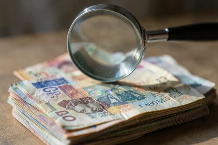 Uma pilha de notas de dinheiro com uma lupa focando em uma delas, sugerindo análise de custo.