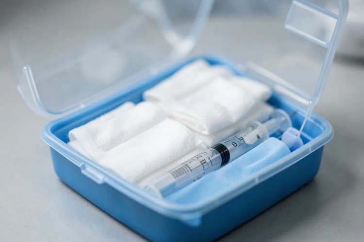 Um kit de primeiros socorros aberto com alguns curativos e uma seringa, representando riscos médicos.