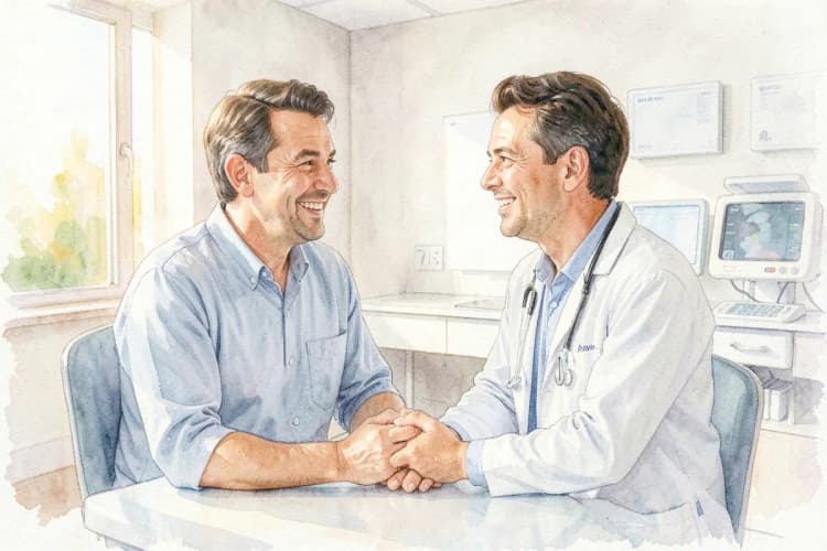 Paciente satisfeito conversando com um médico em uma clínica moderna de transplante capilar.