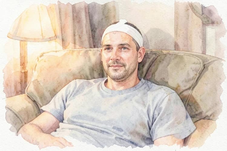 Um homem relaxando em casa, com a cabeça coberta por uma faixa, alguns dias após o transplante capilar.