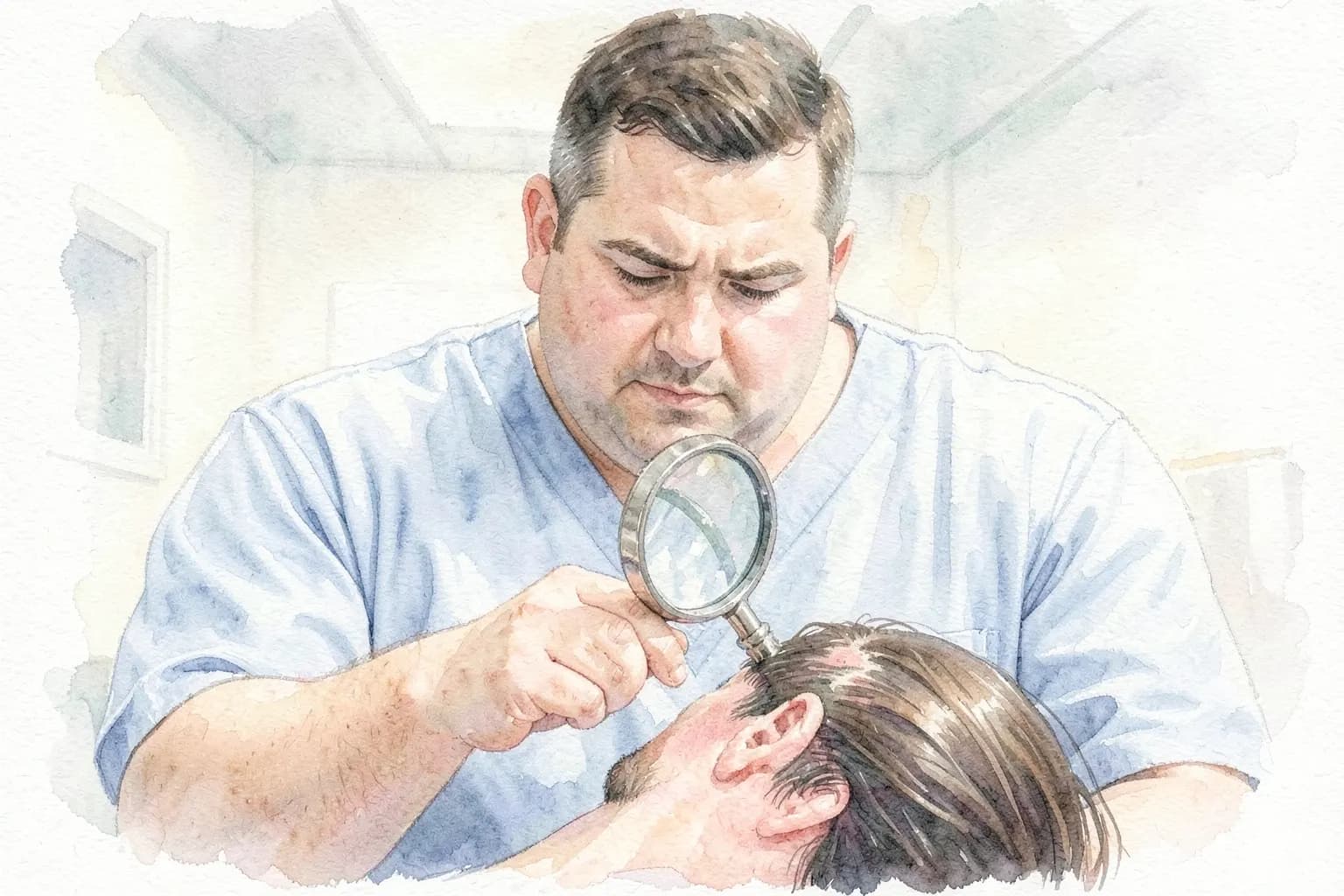 Um médico especialista em transplante capilar examinando a cabeça de um paciente com uma lupa.