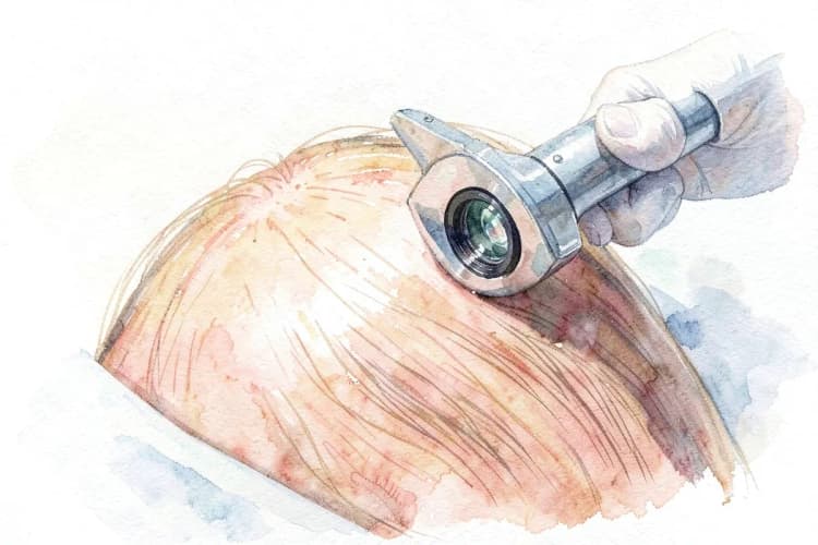Close-up de um couro cabeludo sendo examinado com um dermatoscópio por um profissional de saúde.