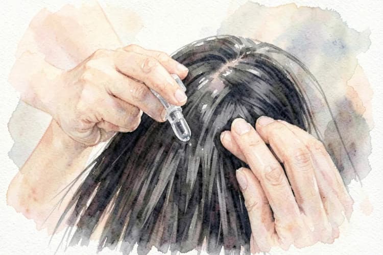 Mãos aplicando um sérum capilar no cabelo de uma pessoa em um ambiente de clínica.