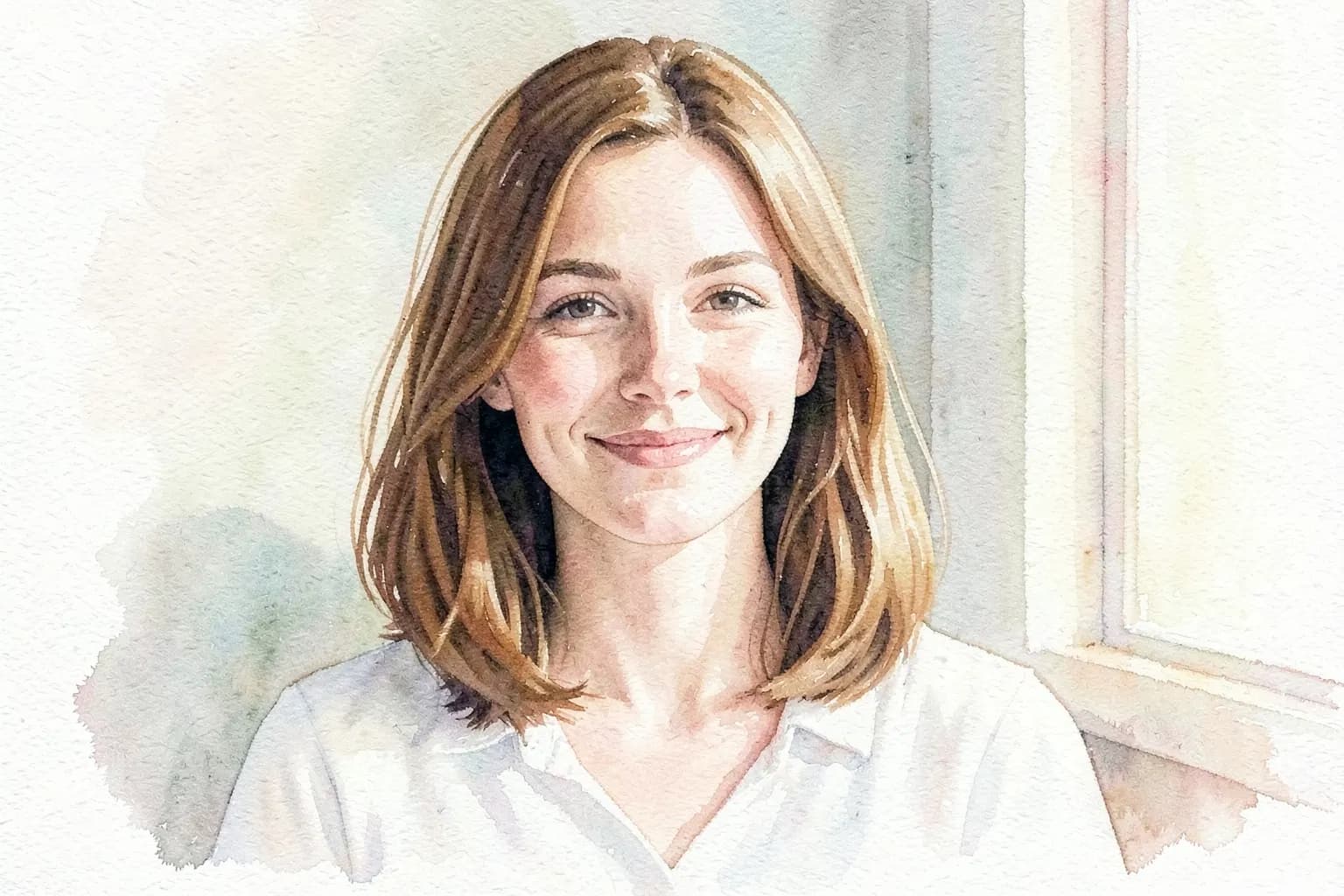Mulher sorrindo com cabelo saudável e brilhante, com um fundo desfocado de uma clínica moderna.