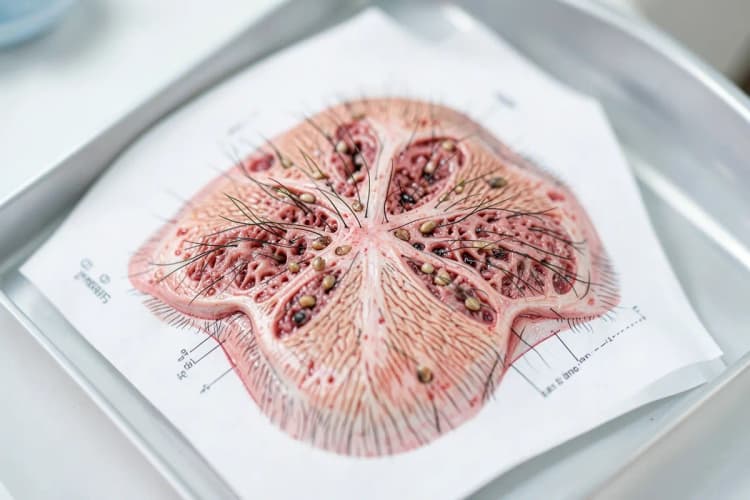 Ilustração de um couro cabeludo com folículos capilares sendo implantados