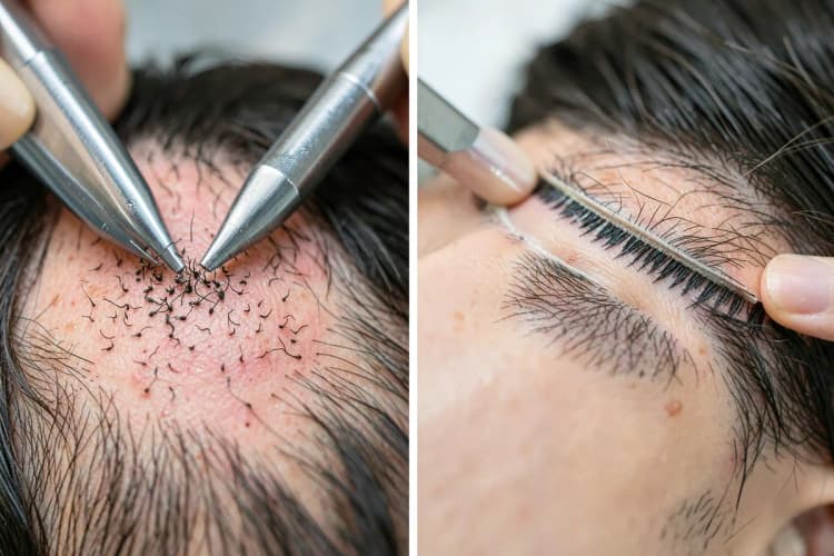 Comparação visual de diferentes técnicas de transplante capilar
