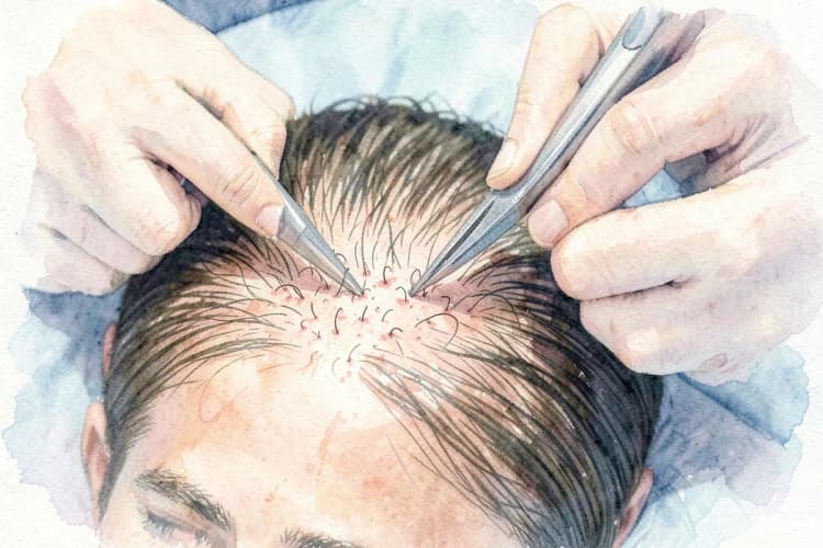 Um close-up de um couro cabeludo com folículos capilares sendo implantados por um cirurgião usando pinças finas.