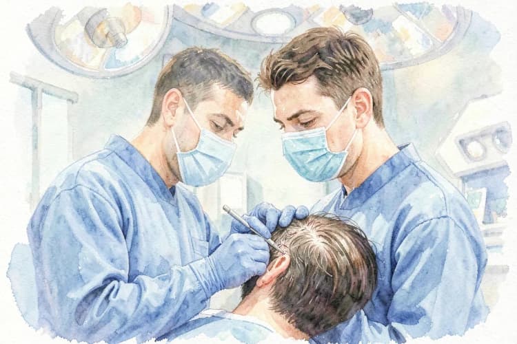 Um cirurgião experiente realizando um transplante capilar em um paciente, mostrando a técnica de implantação fio a fio.