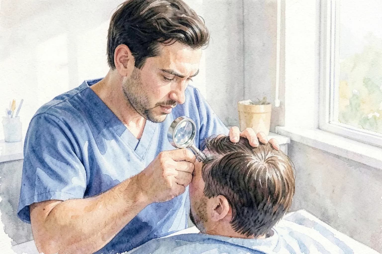 Um médico especialista em transplante capilar examinando a cabeça de um paciente com uma lupa, em um consultório médico.