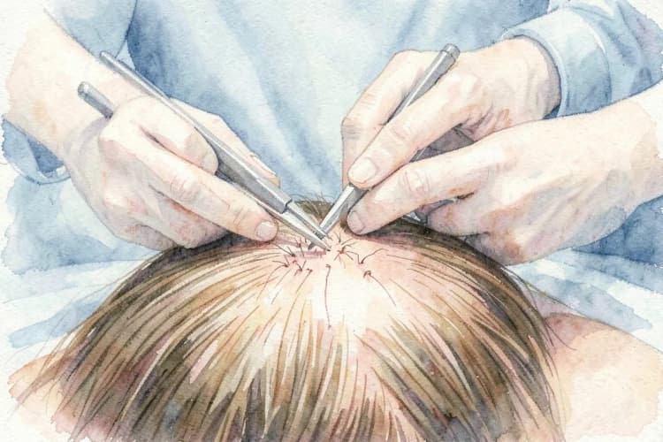 Técnico realizando transplante capilar com precisão em clínica