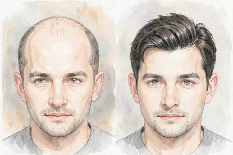 Comparação lado a lado de cabelo antes e depois do transplante capilar