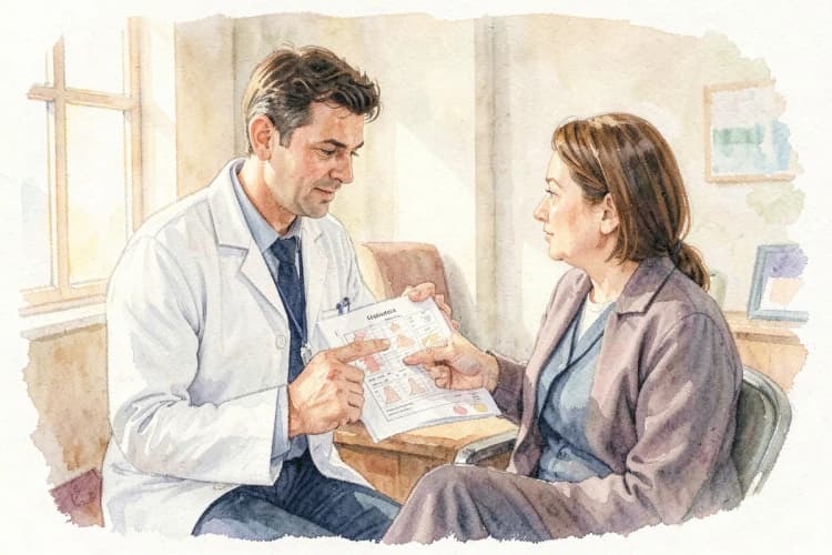Médico explicando um gráfico de recuperação para um paciente