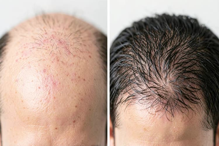 Ilustração de um couro cabeludo antes e depois de um transplante capilar, mostrando a diferença na densidade capilar.