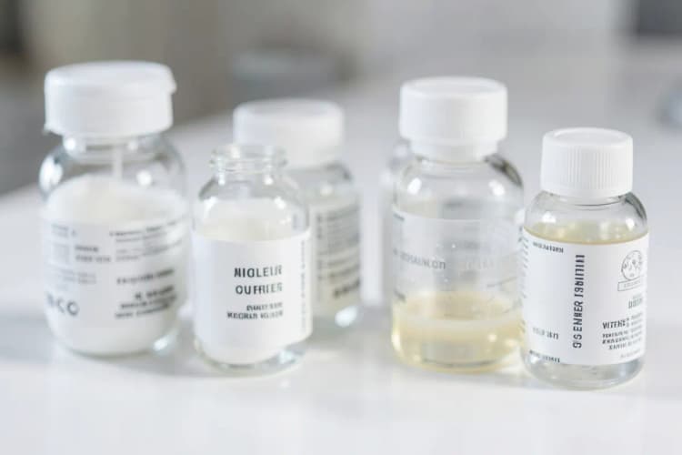 Kit de cuidados pós-operatórios com medicamentos e produtos de higiene para o couro cabeludo.