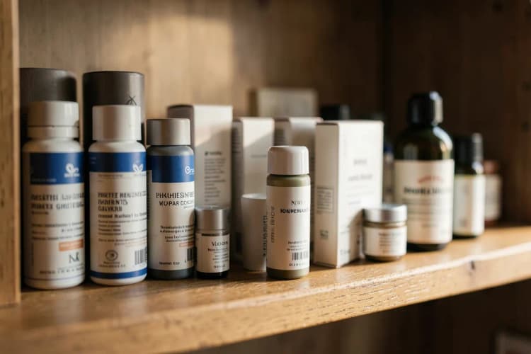 Produtos e suplementos que auxiliam no crescimento capilar saudável após o transplante.