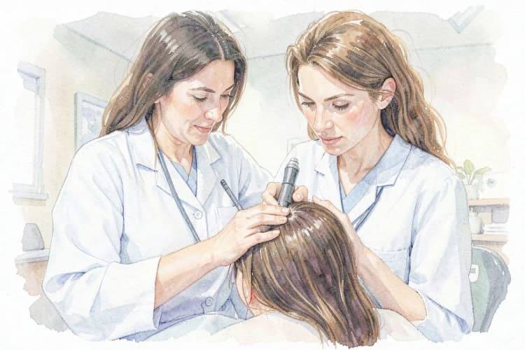 Médico especialista em tricologia examinando o couro cabeludo de um paciente com dermatoscópio