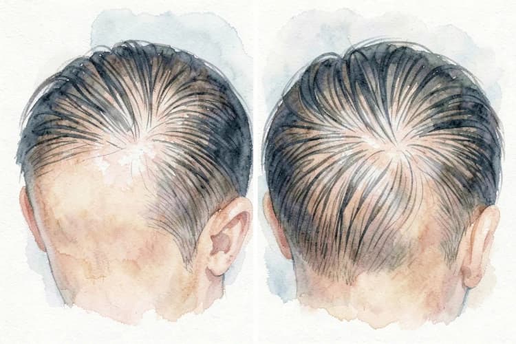 Comparação lado a lado de áreas de cabelo transplantado e implante capilar em couro cabeludo humano