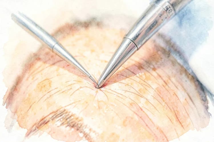 Close-up de fios de cabelo sendo implantados em couro cabeludo com pinça cirúrgica.