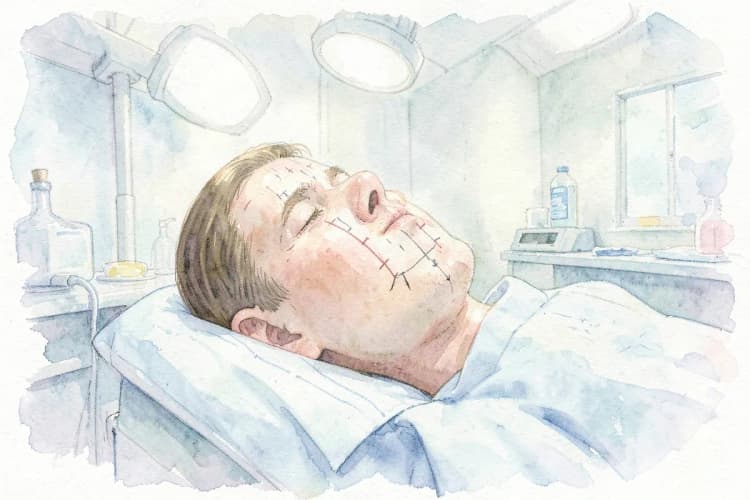 Paciente deitado em maca, com área da cabeça demarcada para cirurgia.