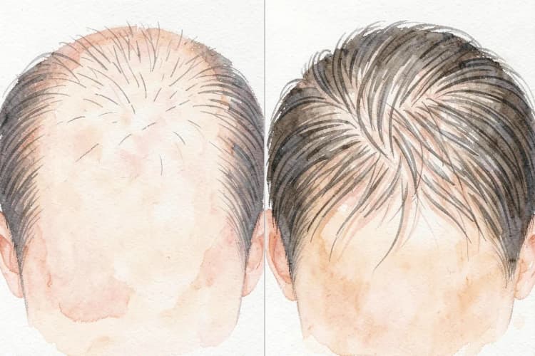 Comparação lado a lado de cabelo antes e depois do transplante, mostrando crescimento.