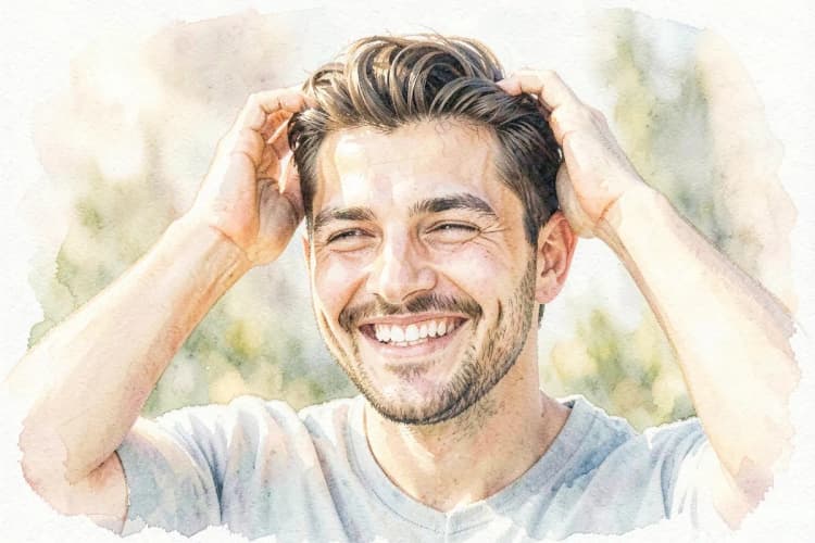 Homem satisfeito tocando o cabelo recém-transplantado, com expressão de felicidade.