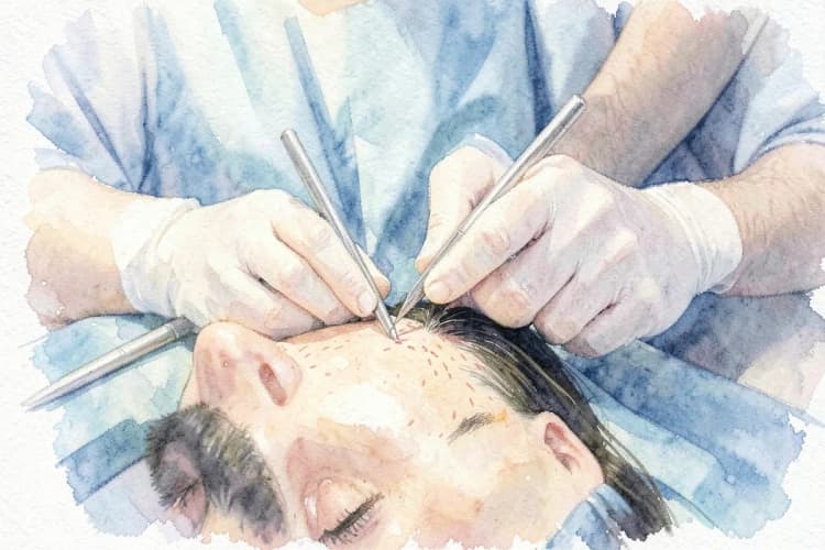 Cirurgião realizando transplante capilar com instrumentos finos em um paciente deitado