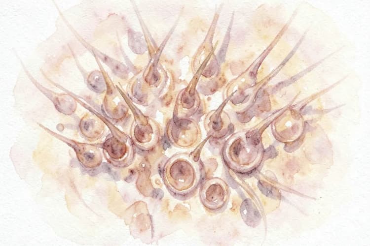 Microscopia de folículos capilares em fase de repouso após transplante, mostrando a queda temporária
