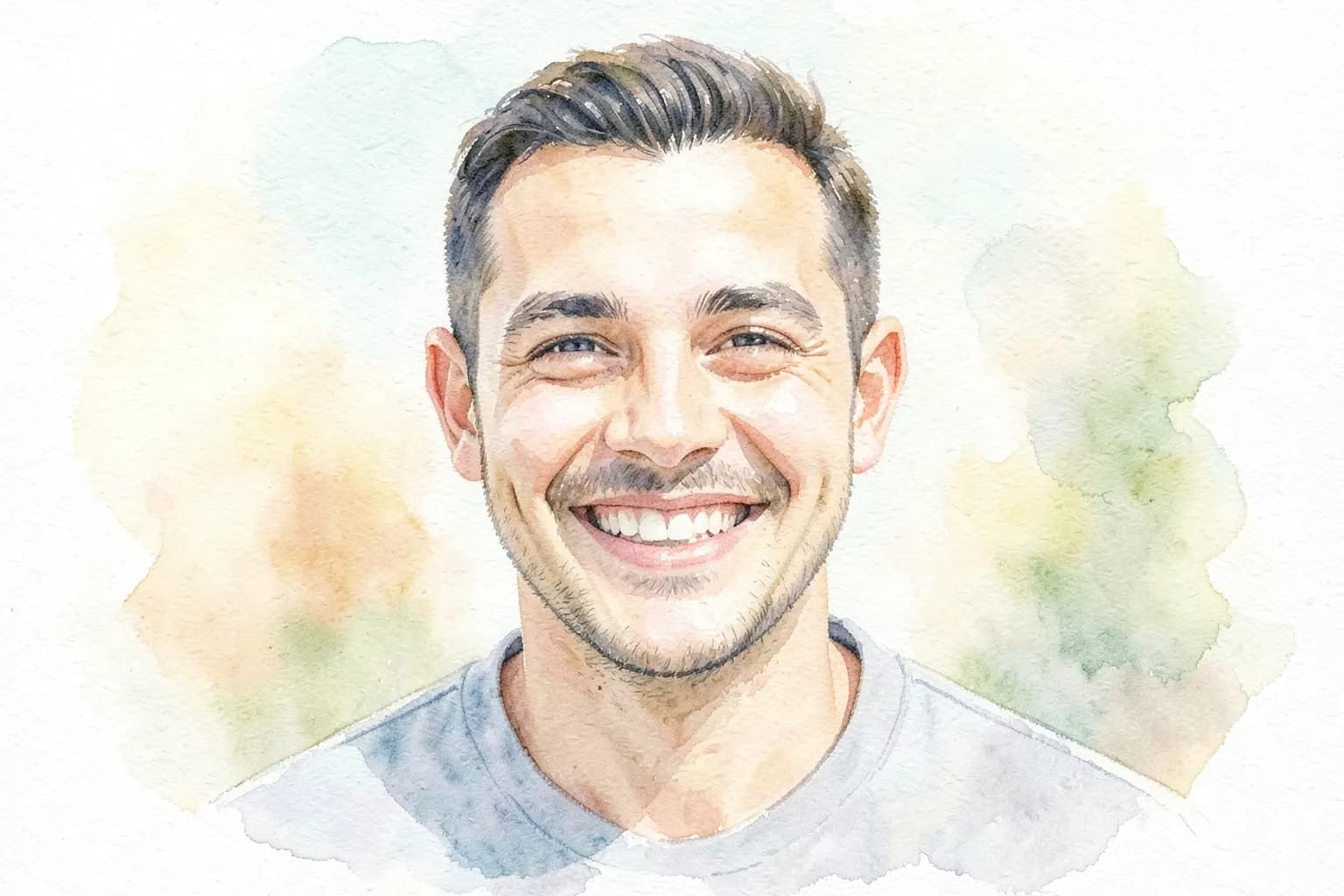 Homem sorrindo com cabelo transplantado recentemente, mostrando a linha do cabelo definida