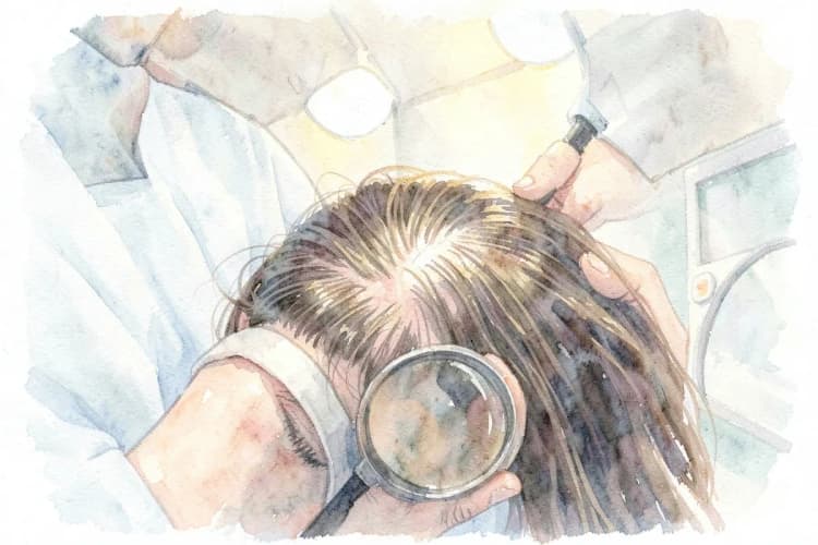 Médico especialista em tricologia examinando o couro cabeludo de um paciente com uma lupa.