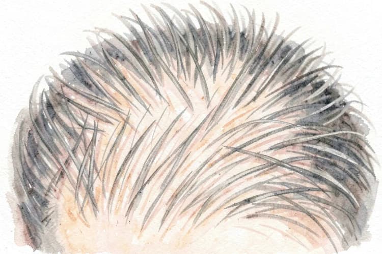 Visão detalhada do couro cabeludo cinco meses após o transplante, com fios de cabelo mais densos e visíveis.