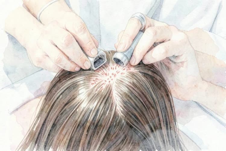 Médico especialista em tricologia examinando o couro cabeludo de um paciente com dermatoscópio.
