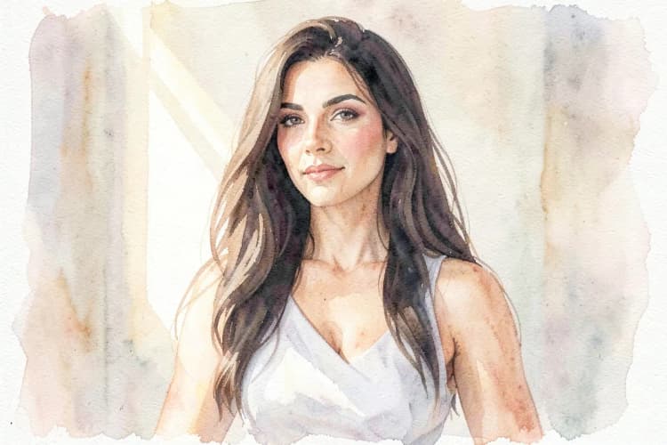 Mulher com cabelo longo e denso, sem sinais de raspagem na cabeça.