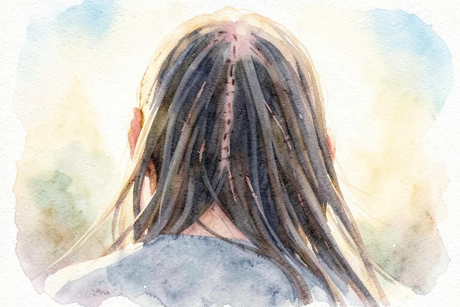 Homem com cabelo comprido e parte de trás da cabeça com microcicatrizes de implante capilar.