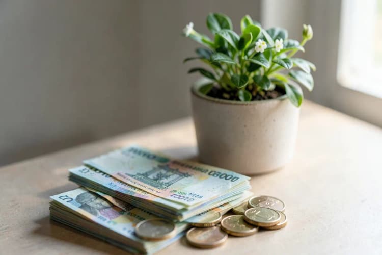 Uma pilha de notas de dinheiro e moedas ao lado de um pequeno gráfico de crescimento, simbolizando o custo de um procedimento.