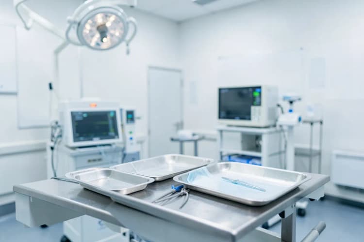 Uma sala de cirurgia limpa e moderna com equipamentos médicos organizados, pronta para um procedimento.