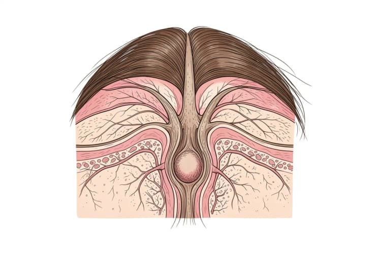 Ilustração mostrando a anatomia do couro cabeludo e a raiz do cabelo.