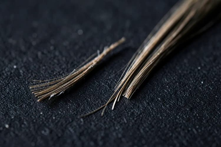 Fio de cabelo quebrado e fraco em contraste com um fio forte e saudável.