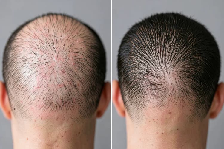 Comparação lado a lado de um couro cabeludo antes e depois do implante capilar, mostrando a diferença na densidade capilar.