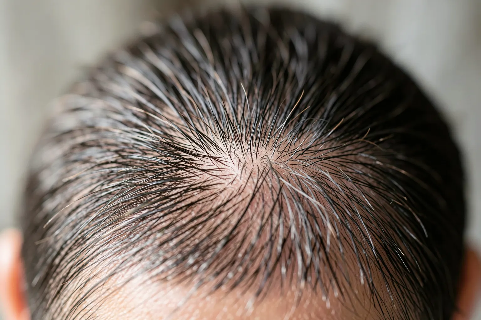 Cabelo crescendo em um couro cabeludo saudável, com foco em fios fortes e densos.