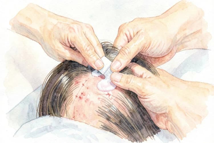 Mãos aplicando suavemente um produto de limpeza no couro cabeludo após cirurgia capilar.