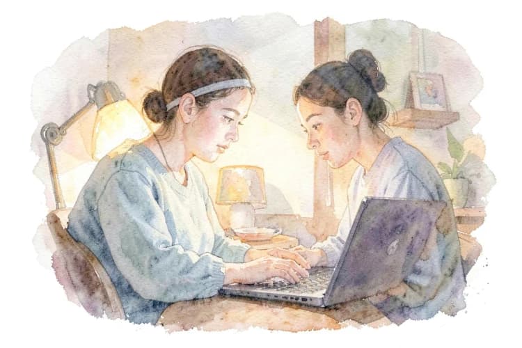 Pessoa trabalhando em um notebook em casa, com uma faixa discreta na cabeça.