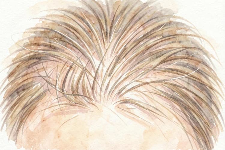 Fios de cabelo finos e curtos crescendo no couro cabeludo após cirurgia.