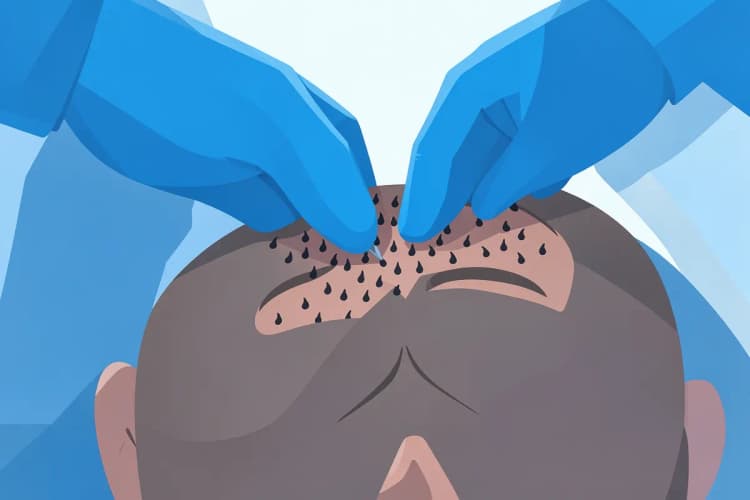 Close-up de um cirurgião realizando um implante capilar em um paciente.