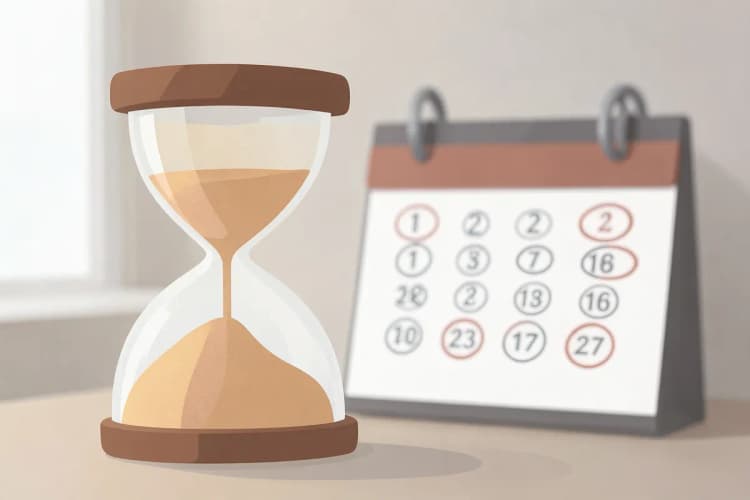 Paciência e tempo representados por uma ampulheta e um calendário.