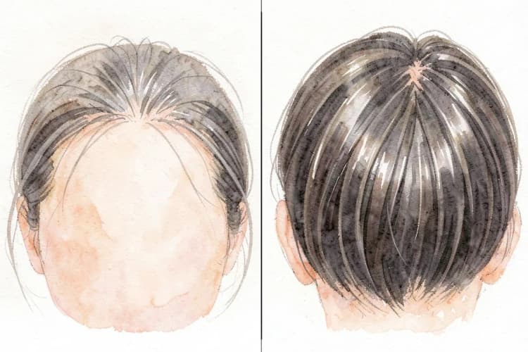 Comparação lado a lado de cabelo de mulher antes e depois do implante capilar.