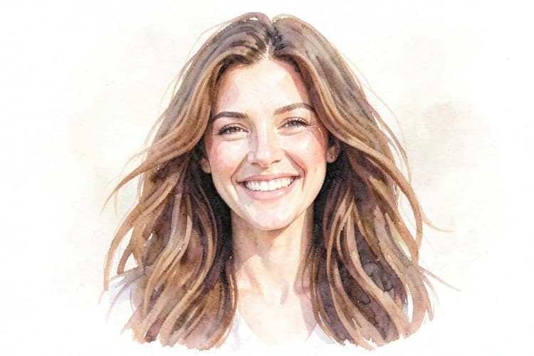 Mulher com cabelo volumoso e radiante, expressando satisfação com o resultado do implante capilar.
