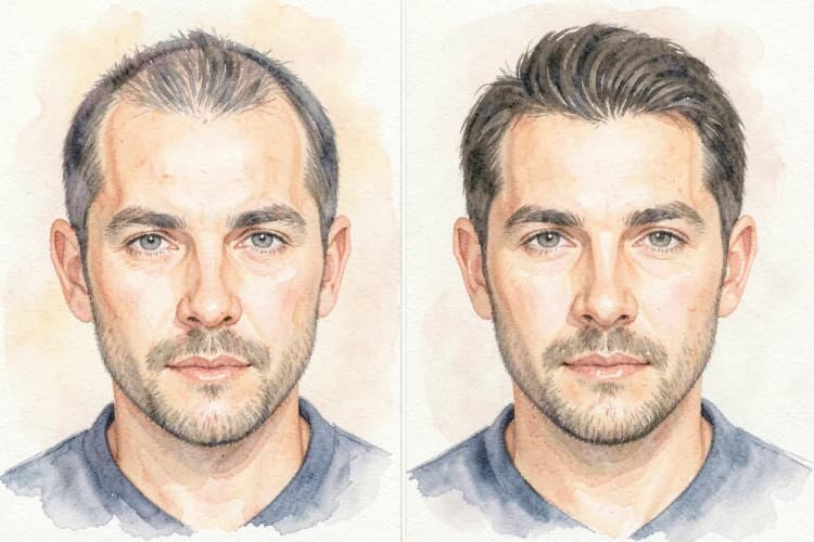 Comparação lado a lado de um paciente antes e depois do transplante capilar.