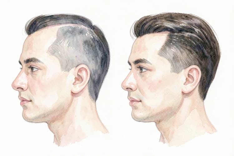 Ilustração mostrando a mudança na linha do cabelo e densidade após o transplante capilar.