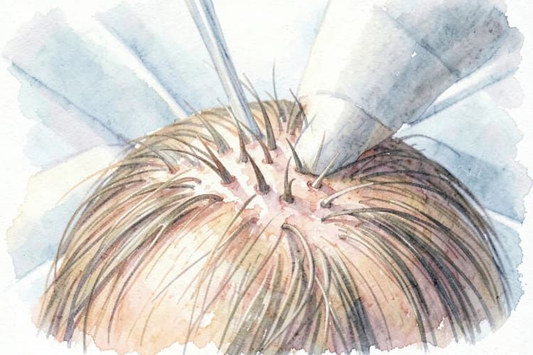Close-up de fios de cabelo sendo implantados no couro cabeludo